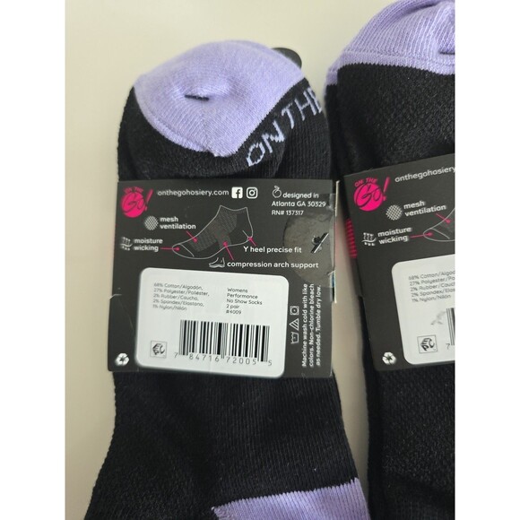 On The Go Womens Performance No Show Socks 2 Pair Black/Purple Sz 4-10 Mesh Vent - Picture 3 of 4